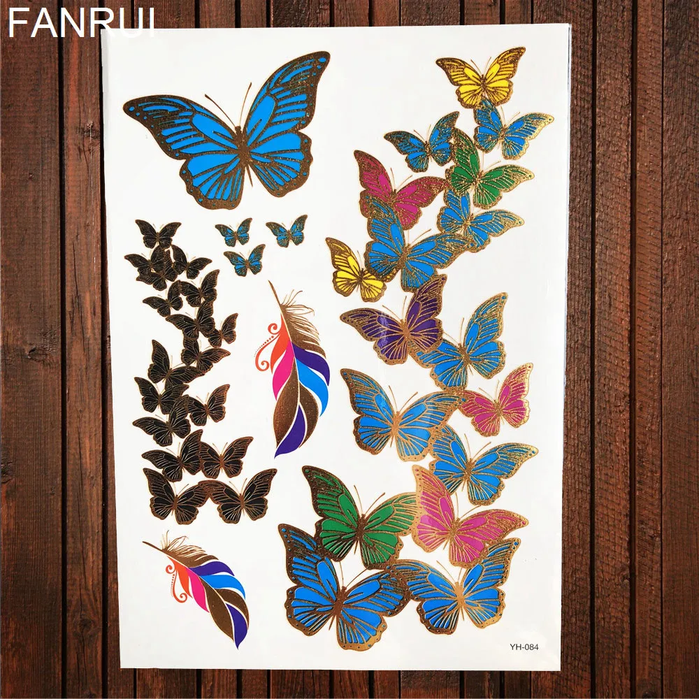 Gold Metallic Butterfly Temporary Tattoo Lance Henna Flower Women Flash Tattoo Sticker Girl Body Hand Art Waterproof Tatoos Leaf