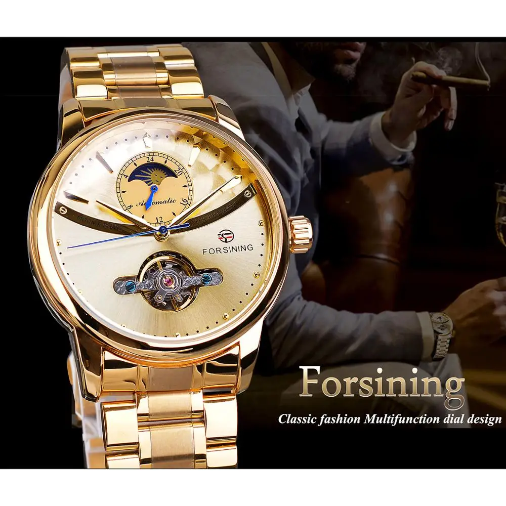 Forsining Automatic Self-Wind Male Watch Golden Dial Stainless Steel Casual Moonphase Gold Mechanical Tourbillon Men Clock Reloj