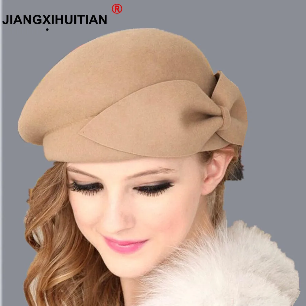 2018 Hot Female Cute British 100% Wool Felt Beret Hat Women French Lady Artist Flat Cap Bow Boina Feminino Hats For Girls Gift