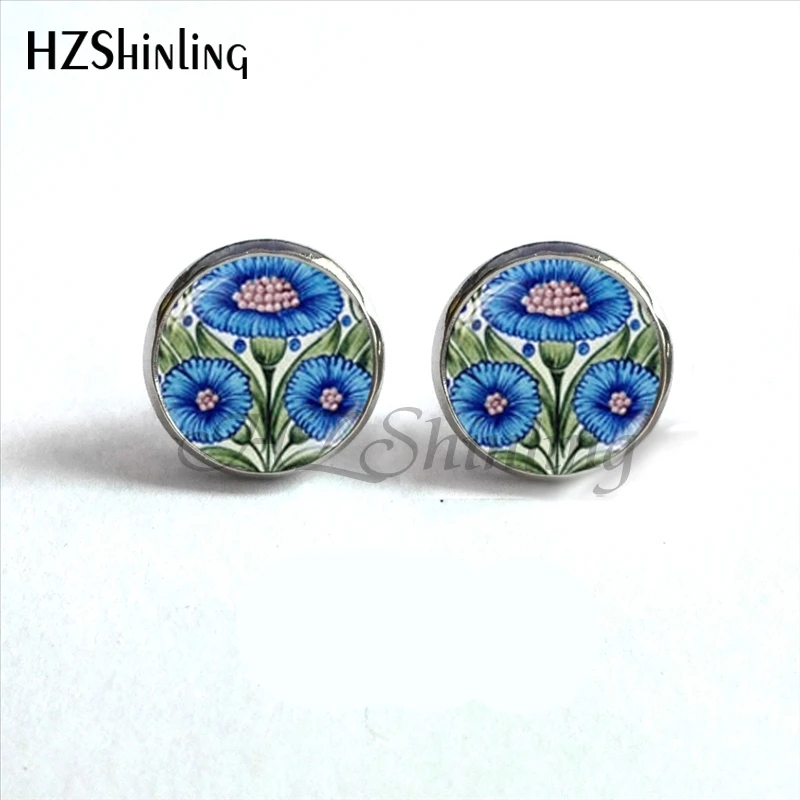 ED-0050 New Arrival Cornflower Stud Earrings Blue flower Earring Victorian Art Photo Earrings Handmade Jewelry Glass Studs