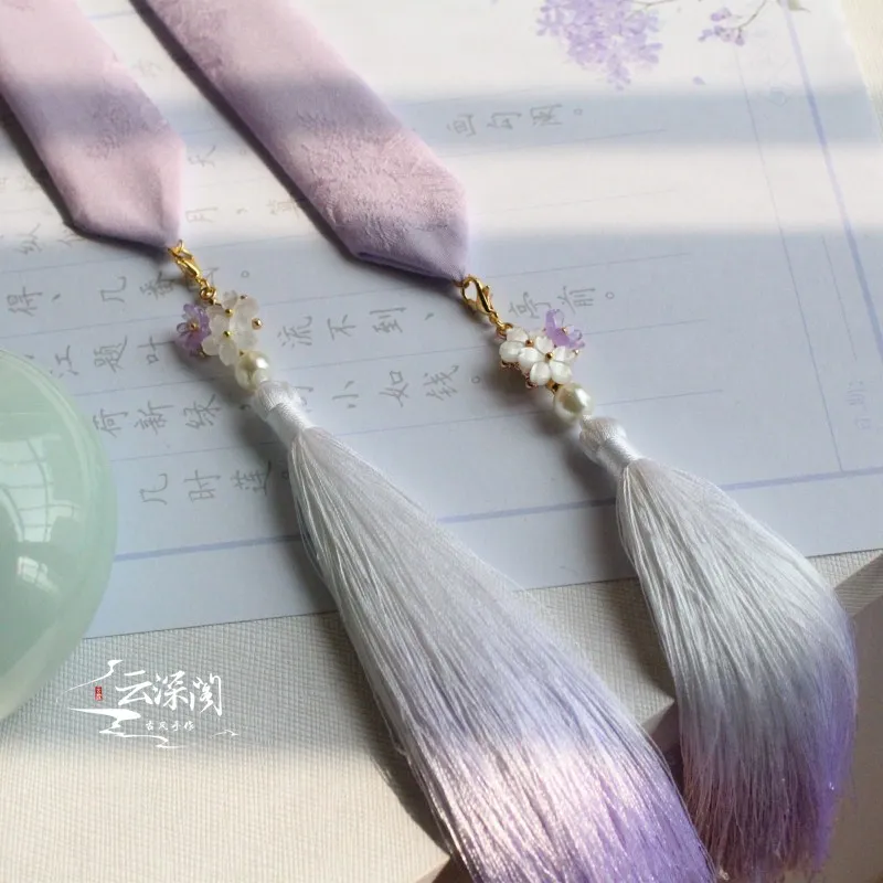 

Light smoke purple soft waxy waxy cotton jacquard hanfu tassel hair band ancientry tire hair accessories