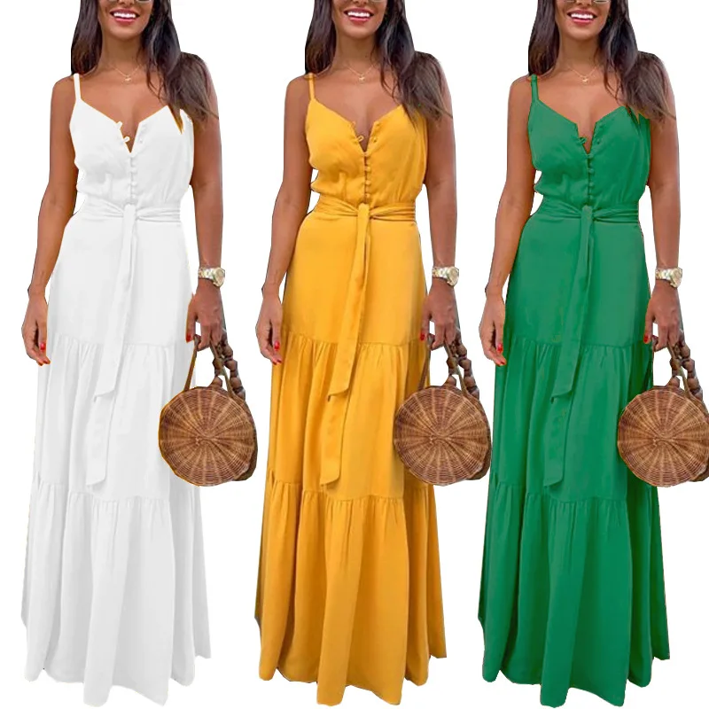 

2022 Solid Color Dress Women Casual Vestidos Design Buttons Sleeveless Dress Sundress Elegant V Neck Pacthwork Clothing Tank