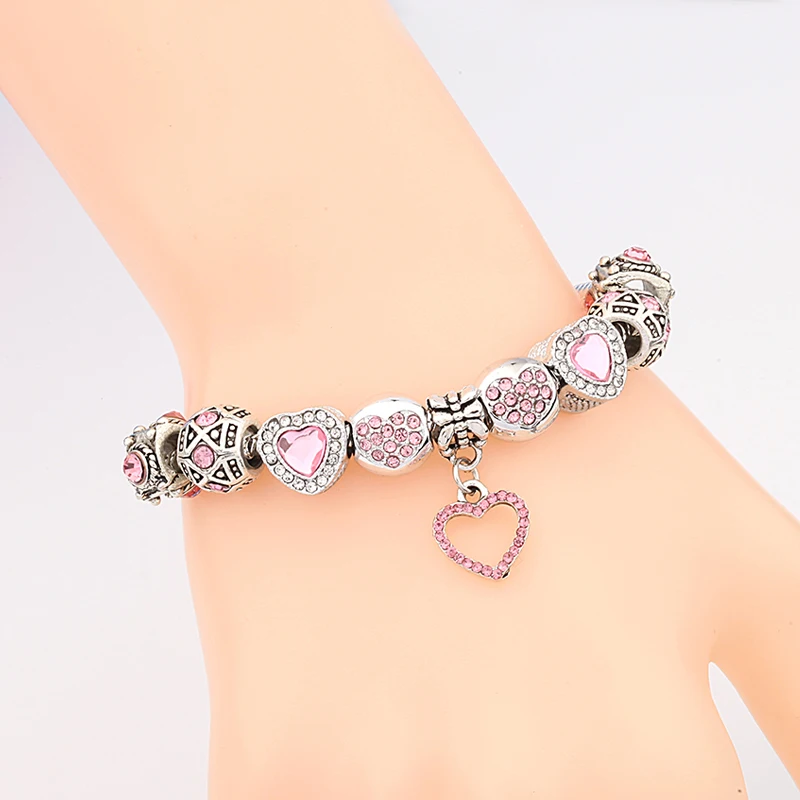 New Valentine\'s Romantic Pink Heart Charm Bracelet & Bangle Fine Crystal Diy Bead Bracelet Jewelry for Women Girl Gift