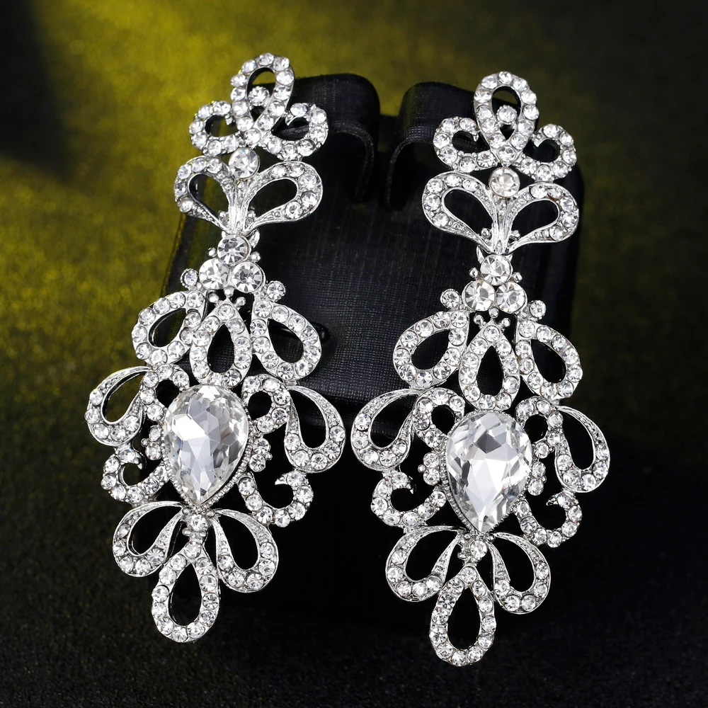 TREAZY Luxury Crystal Floral Bridal Long Earrings Silver Color Rhinestones Wedding Party Drop Earrings Femme Jewelry Accessories