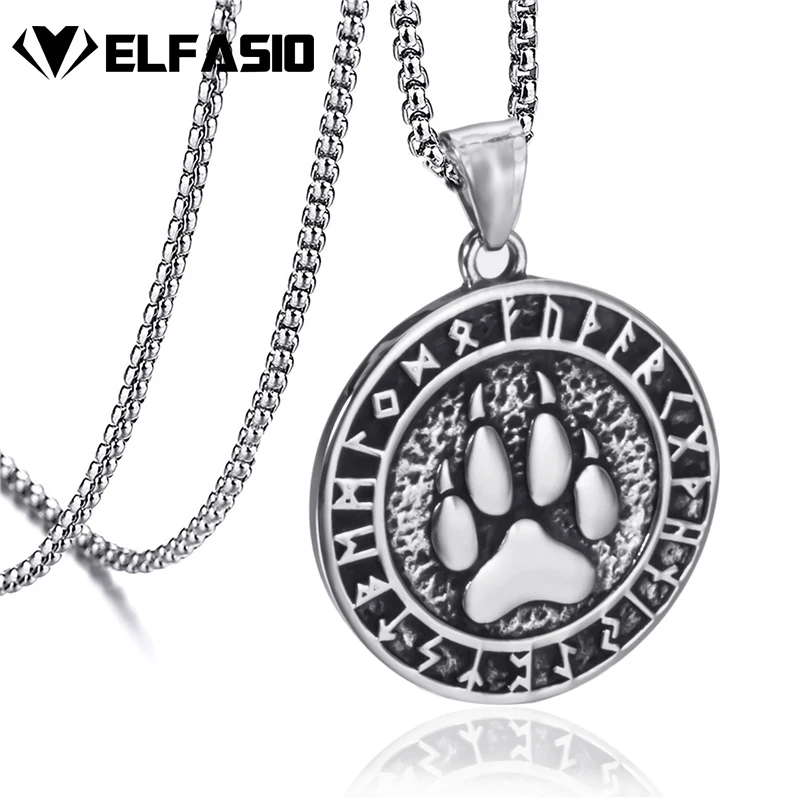 

Elfasio Mens Stainless Steel Chain Viking Bear Paw Valknut Odin's Norse Warrior Pendant Necklace Jewelry