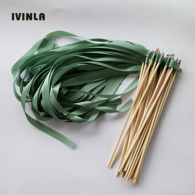 50pcs/lot  jade green  wedding ribbon stick With sliver Bells for wedding decoration