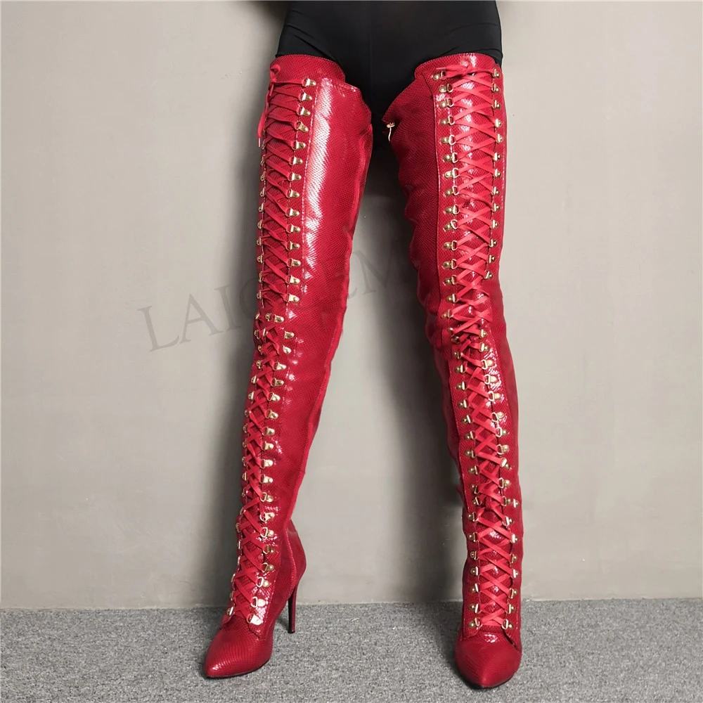 LAIGZEM SEXY Women Thigh High Boots Wide Calf Heeled Crotch Boots Lace Up Stiletto Heels Over Knee Botines Mujer Big Size 4-14