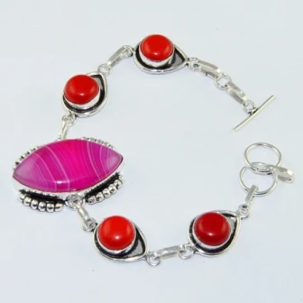 Botswana Agates & Red Coral    Silver Overlay on Copper Bracelet , 22.1 cm,   B1899