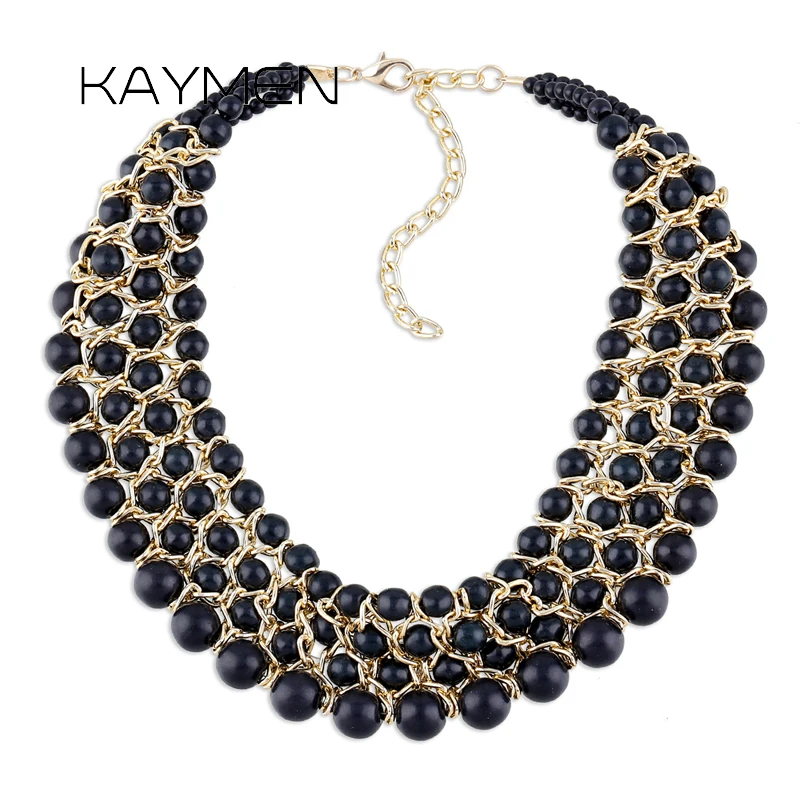 KAYMEN Fashion New Imitation Turquoise Stands Weaving Statement Necklace for Women Handmade Beaded Chunky Chokers Wholesale