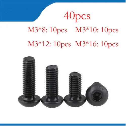 40Pcs M3 bolts m3 Screws Steel Hex Socket Round Head Cap Black Screw Furniture Fastener Bolt M3 *8mm/10mm/12mm/16mm