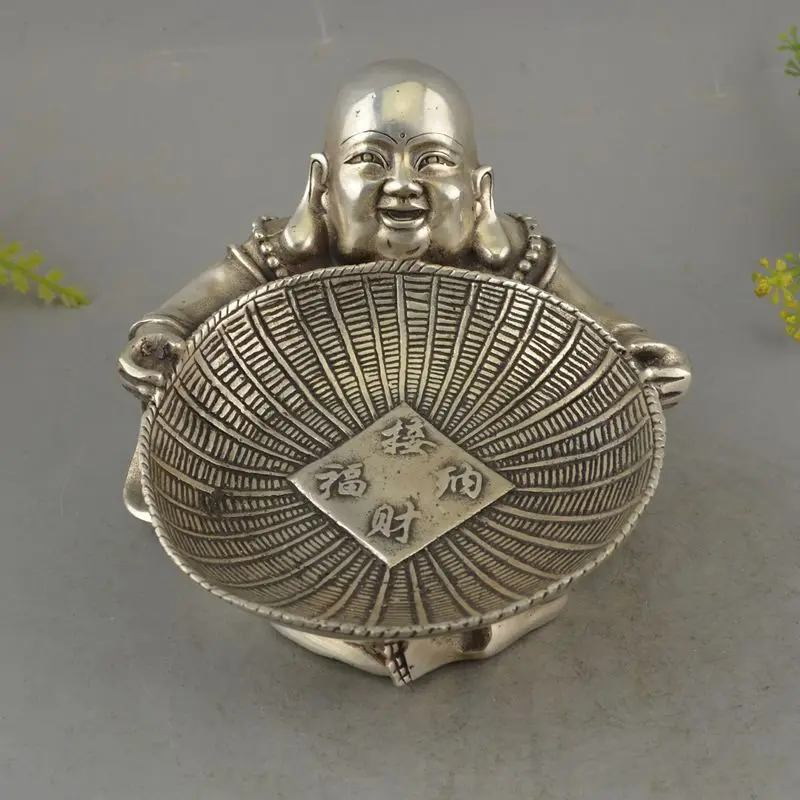 

Chinese Buddhism Silver Seat Hold Basket Happy Laugh Maitreya Buddha Statue