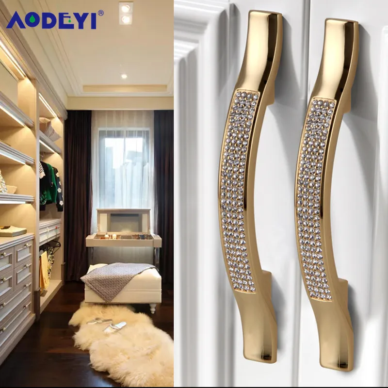 Crystal Drawer Pull Handles Diamond Sliver Wine Wardrobe Decotation Furniture Dresser Kitchen Cupboard Cabinet Knobs Gold Chrome