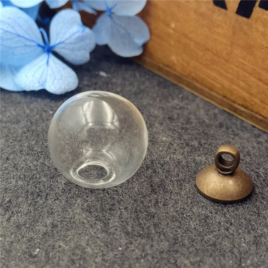 5sets Per Lot 16mm Ball With 4mm Opening Hole Glass Bubble With Bronze Color Cap Pendant DIY Glass Globe Bottle Vial Pendant