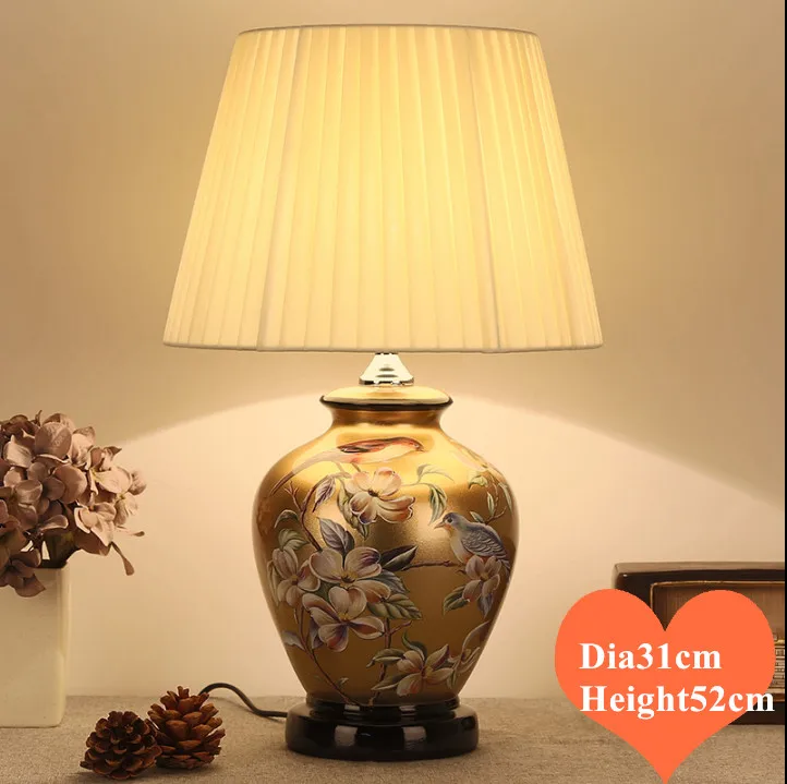 Chinese style flower&bird brown ceramic art Table Lamps Fashion fabric E27 LED lamp for bedside&foyer&studio&tea room MF001