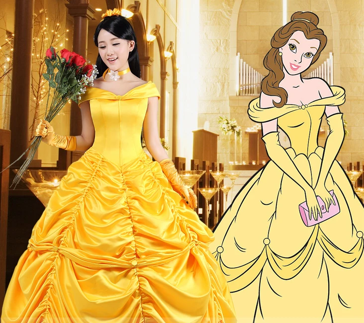 

Movie Beauty and Beast Princess Belle Golden Flowery Cosplay Satin Dress Costume