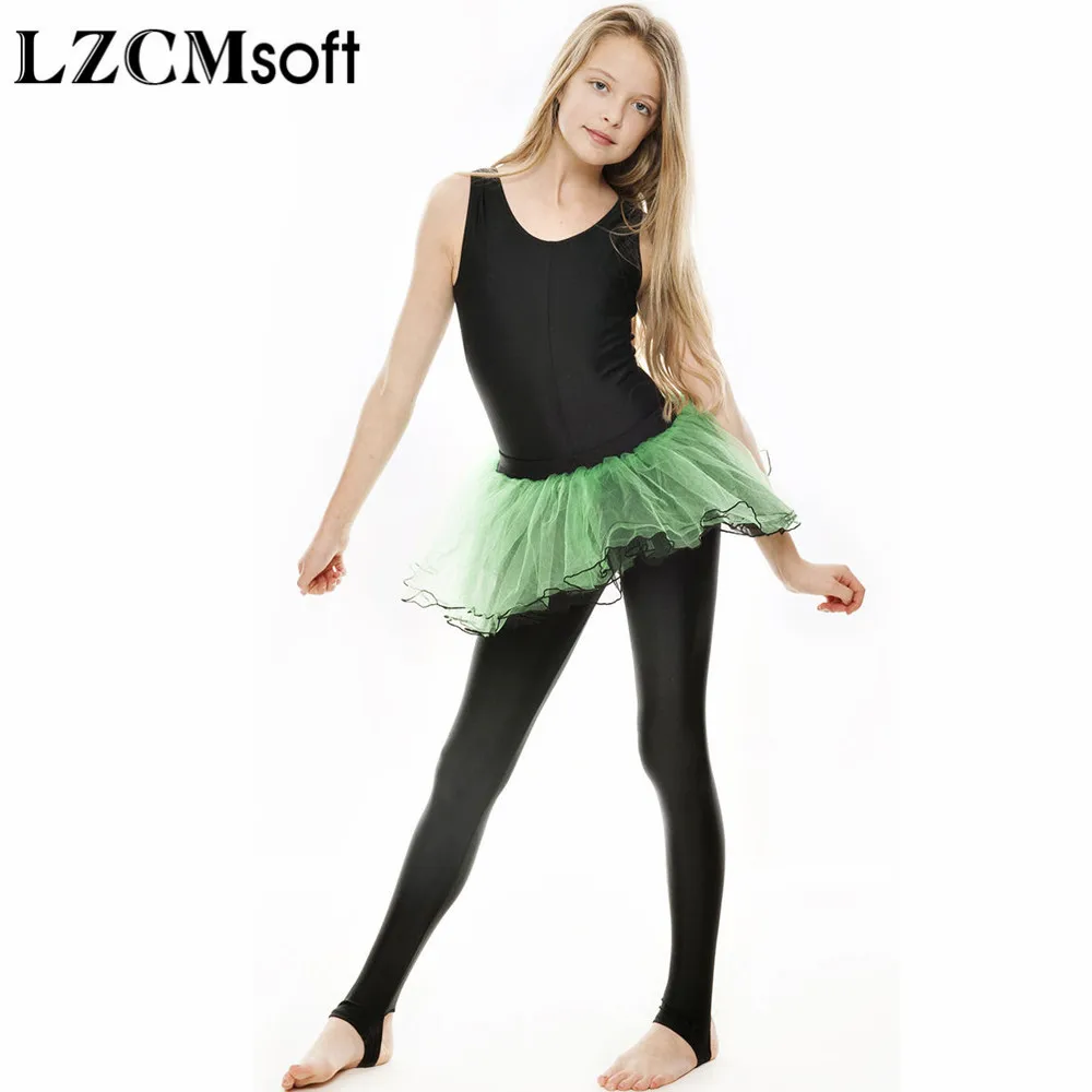 LZCMsoft Ragazze Lucido Stirrup Danza Ginnastica Senza Maniche Dal Carro Armato Unitard Catsuit Spandex di Nylon Nero Unitards costume di Danza Per Bambini