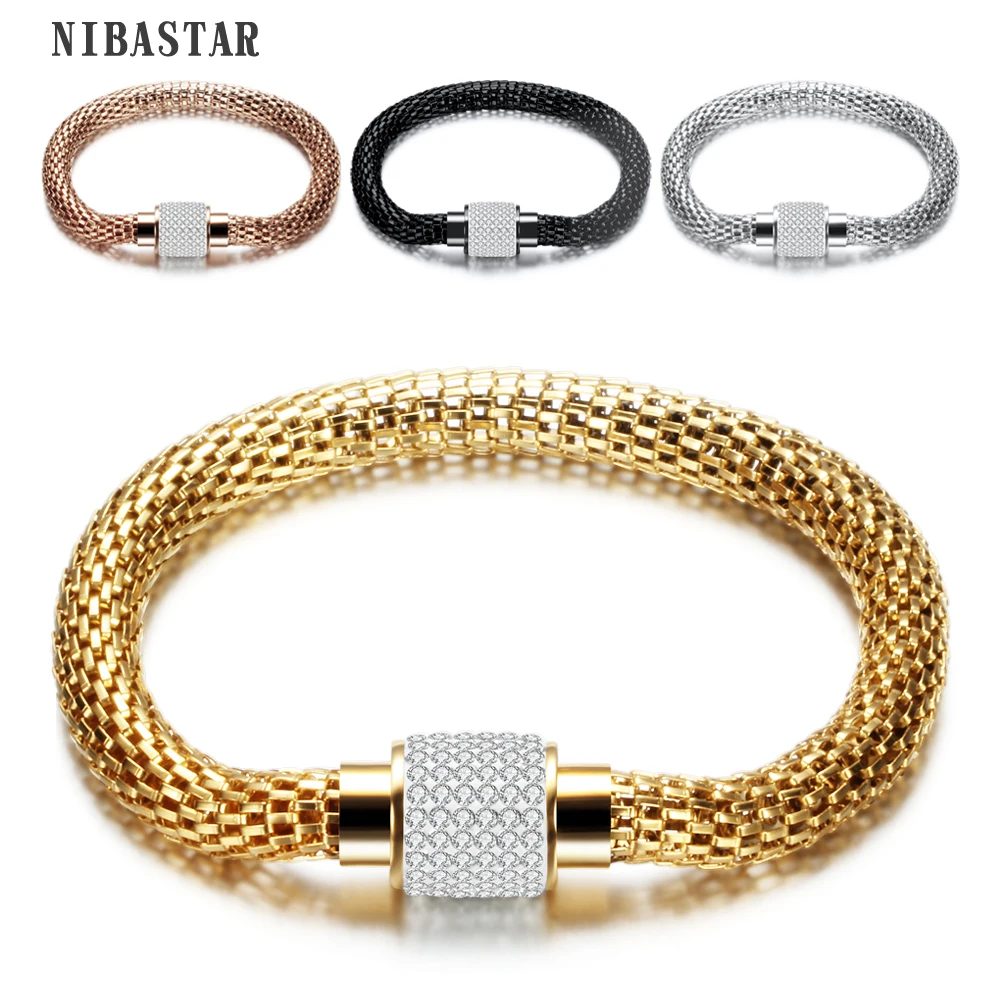 

4Colors Fashion Mesh Bracelets & Bangles For Women Stainless Steel Rhinestone Charm Bracelet Women Magnetic Clasp Bangles