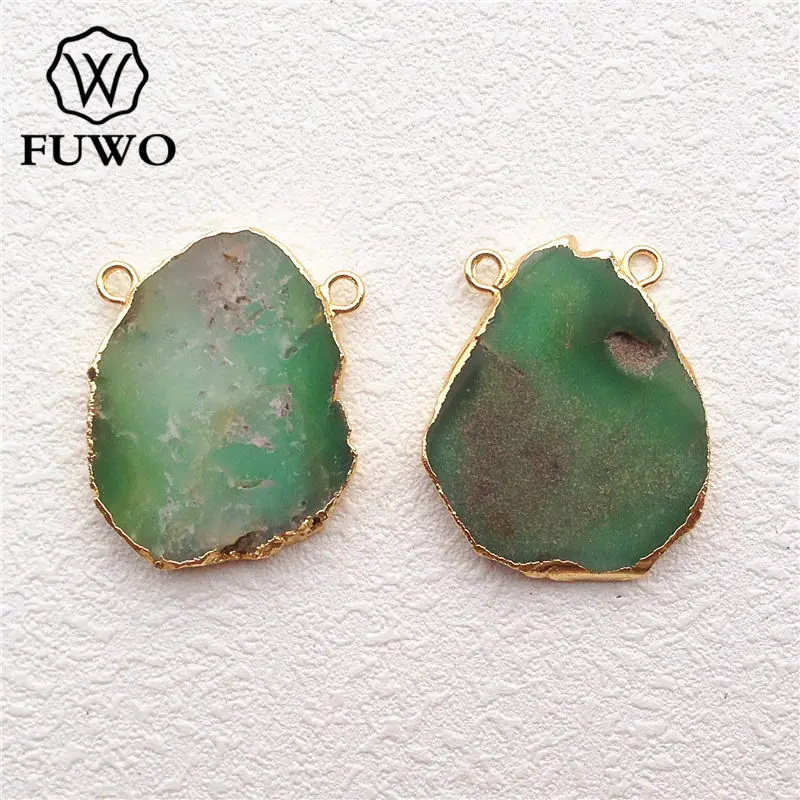 FUWO Wholesale Natural Chrysoprase Slice Pendant,Golden Plated Semi-precious Stone Accessory For Jewelry Making 5Pcs/Lot PD042