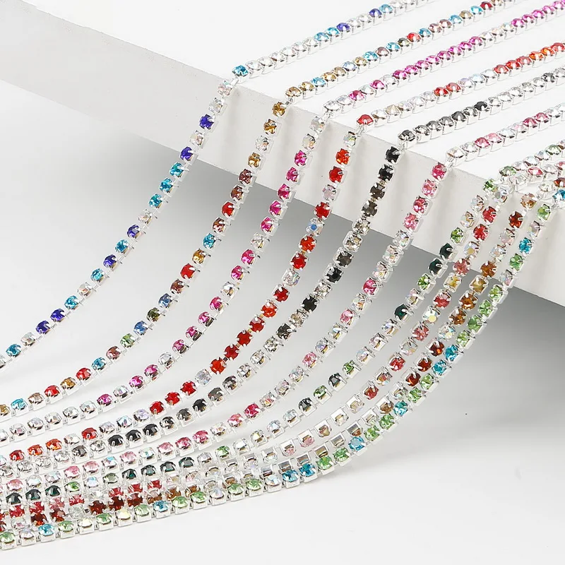 High Density Mixed Color AB Crystal Silver Base Cup Claw Rhinestone Chain for DIY Appliques Trim Sew On Ornament Accessories