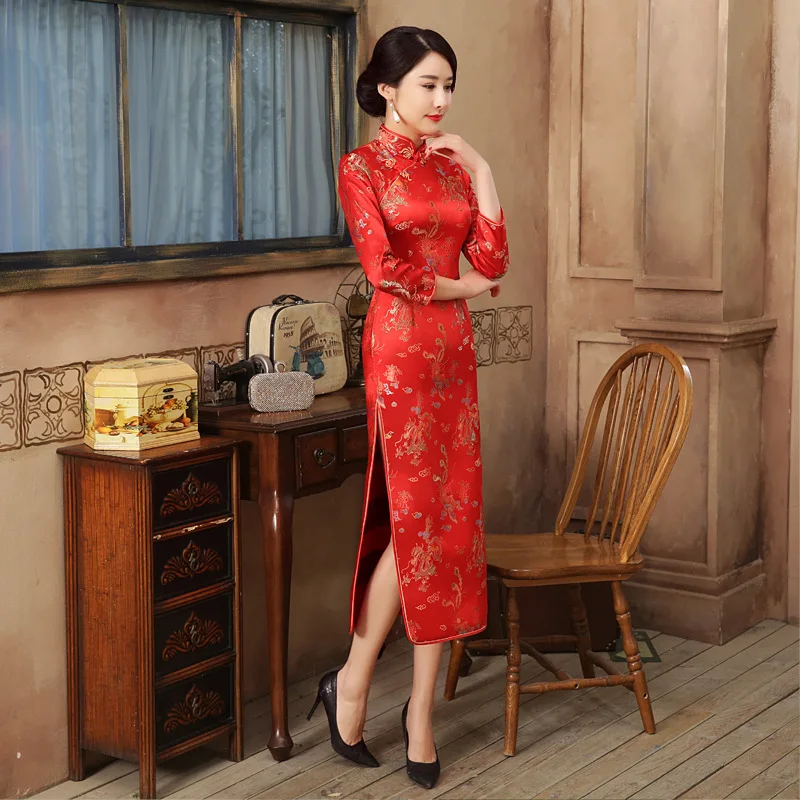 

Red Chinese Bride Wedding Party Qipao Dress Sexy Women Satin Long Sleeve Cheongsam Dragon Phoenix Vestidos S M L XL XXL