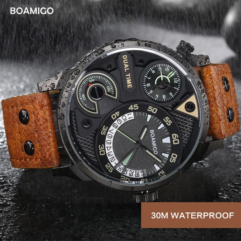 mens watches fashion men sport quartz watch BOAMIGO brand dual time date wristwatches leather strap waterproof relogio masculino