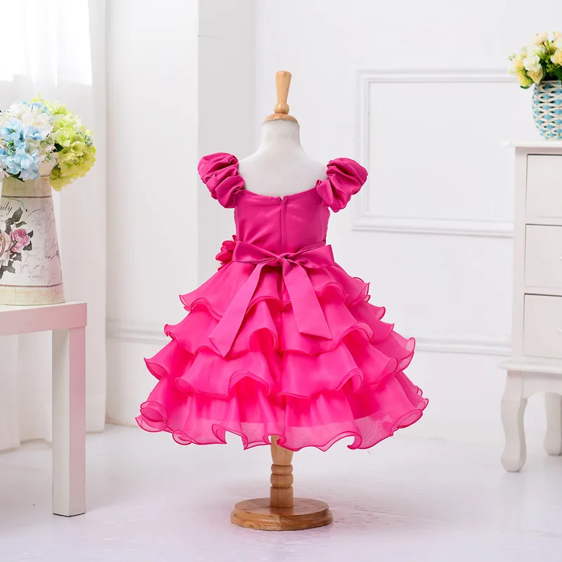 Linia Hot Pink Ruffles Organza Seuqins z krótkim rękawem długie wesele dzieci suknie pierwsza komunikacja sukienka kwiat sukienki dla dziewczynek