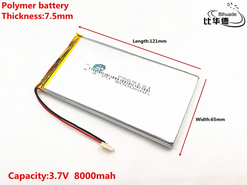 1 sztuk/partia Good Qulity 3.7 V, 8000 mAH, 7565121 polimerowy akumulator litowo-jonowy/litowo-jonowy do TOY, POWER BANK, GPS, mp3, mp4