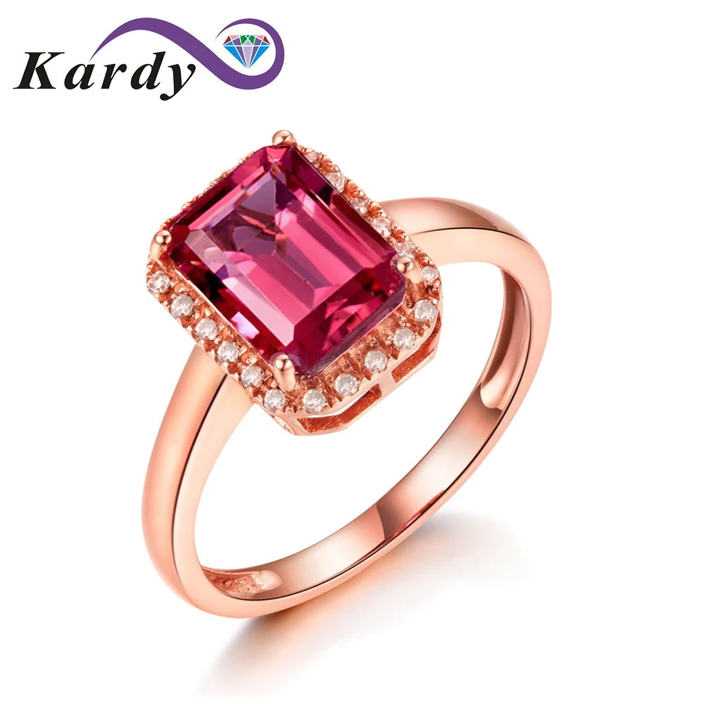 

Genuine Natural Pink Tourmaline Gemstone Pave Diamond Solid 14Kt Rose Gold Wedding Engagement Promise Band Ring for Women