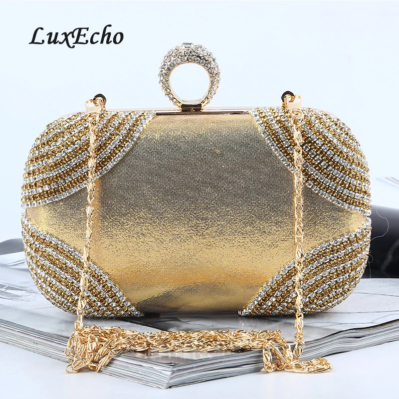 LuxEcho Rhinestone handbags Chain shoulder bags Bride wedding purse Fashion party evening bags Day clutches Golden