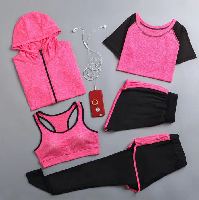 Hot sale women quick dry yoga sets yoga jacket+t shirt+bra+shorts+pants fitness gym clothing womens sports running soft sets