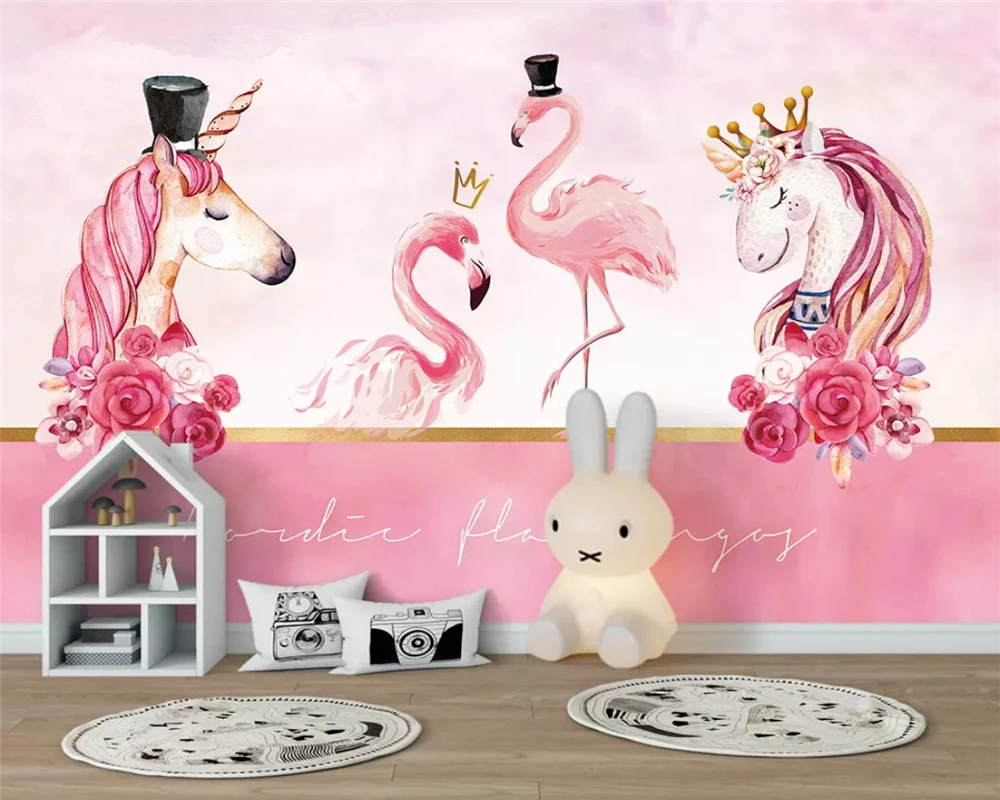 beibehang Custom fashion modern stereo wallpaper Nordic pink couple flamingo unicorn background wall papers home decor behang