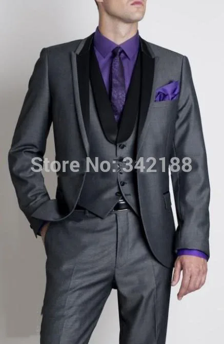 

FREE SHIPPING/Dark gray One button Peak Lapel Groom Tuxedos Groomsmen Men Wedding Suits Best man Suits/hot sale groom tuxedoswed