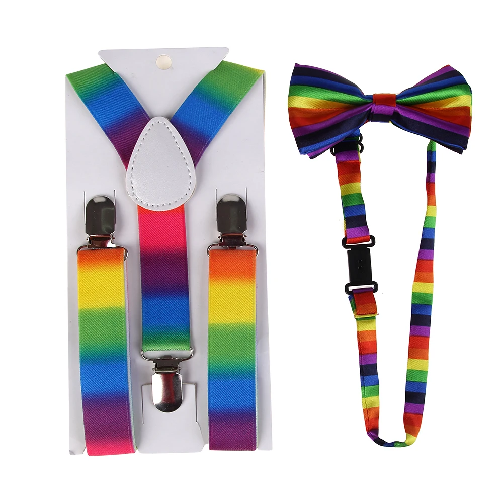 2019 New Fashion Multicolor Adjustable Rainbow Print Suspender And Bow Ties Sets For Kids Boys