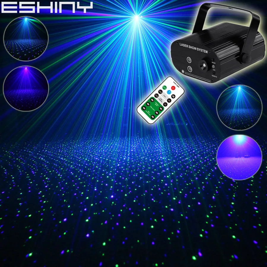 ESHINY Remote MINI Green Blue Full Star Patterns Projector Blue LED Bar DJ Dance Xmas Disco Family Party Stage Light show T204D2