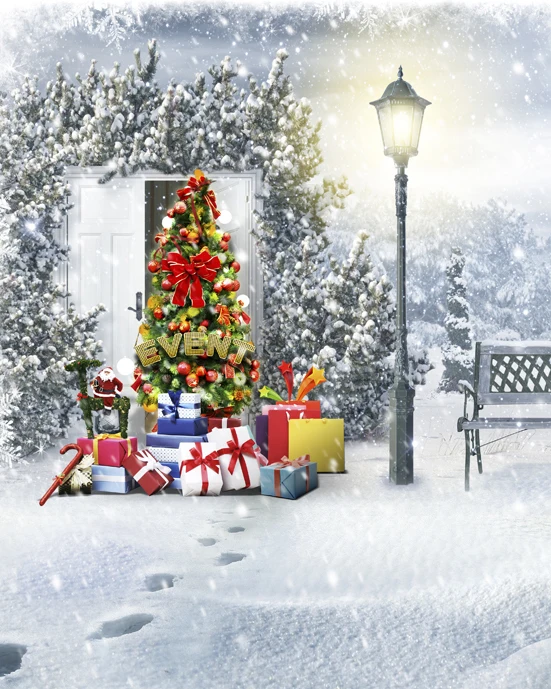 8x12FT Outdoor Christmas Tree Gifts Event Snow Flakes Park Bench Custom Photo Studio Backdrop Background Vinyl 8x10 8x15 10x20