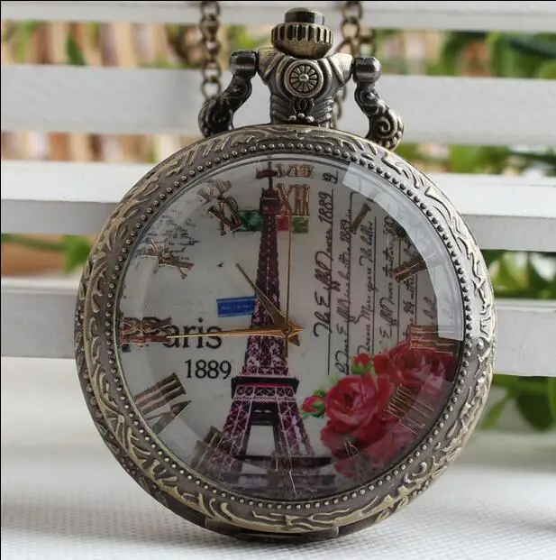 Pocket Watch Bronze Paris Roman Numeral Eiffel Tower Transparent Cover Quartz Analog Pendant Necklace Mens Womens Gifts PO258