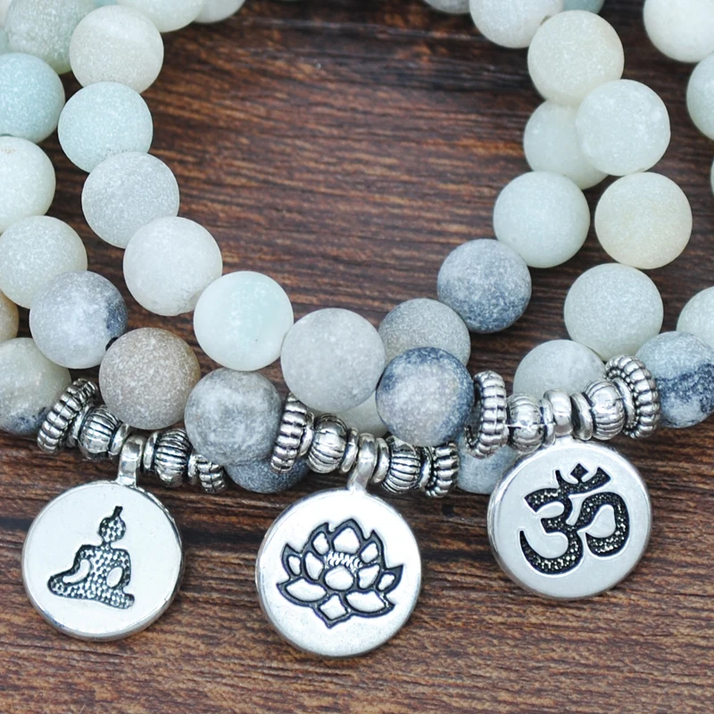 Yumfeel Natural Matte Frosted Amazonite Stone Bracelet OM Lotus Flower Buddha Charm Bracelet & Bangles Stone Jewelry