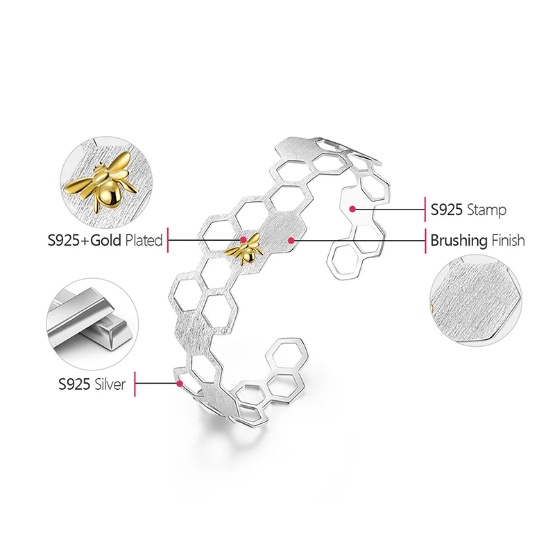 Lotus Fun Real 925 Sterling Silver Natural Handmade Fine Jewelry Creative Honeycomb Home Guard Bangle for Women Bijoux