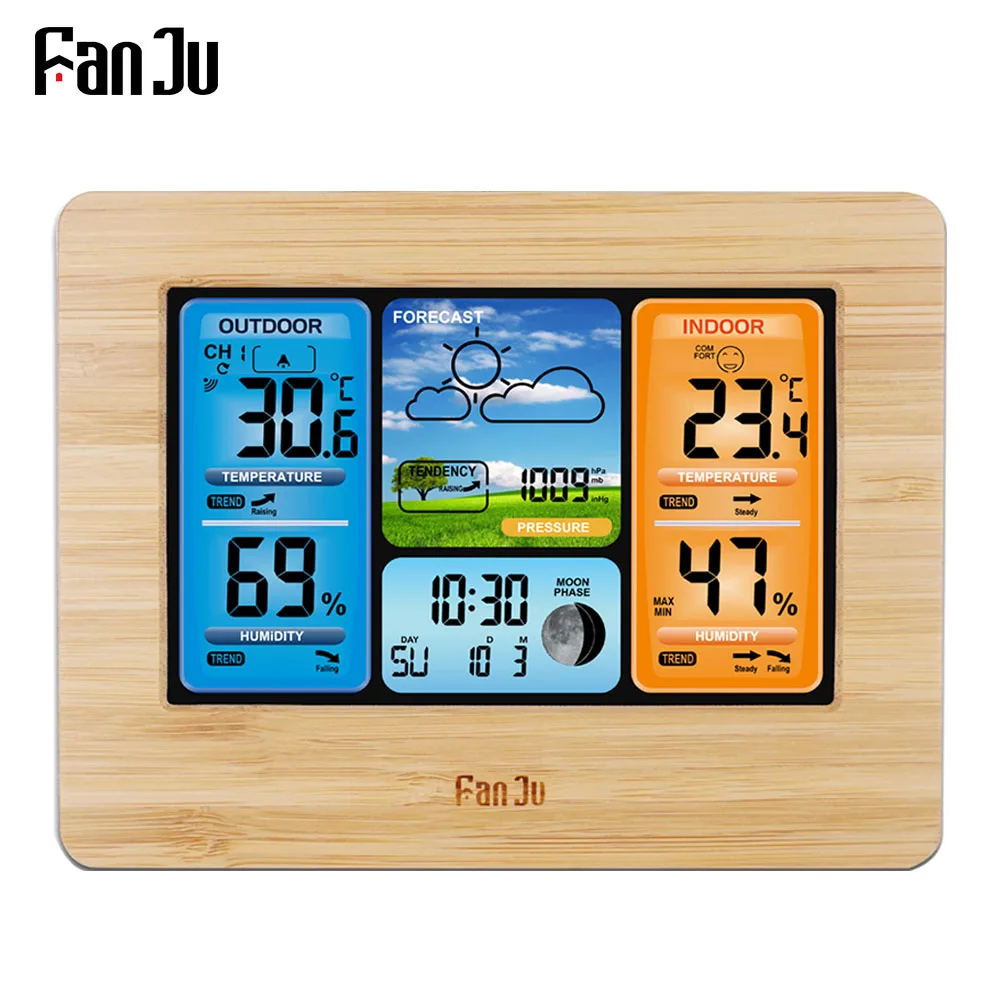 

FanJu FJ3373 Weather Station Digital Thermometer Hygrometer Wireless Sensor Forecast Temperature Watch Wall Desk Alarm Clock