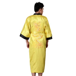 Reversible Black Yellow Chinese Men's Satin Robe Gown Tradition Embroider Dragon Sleepwear Kimono Bathrobe  S M L XL XXL XXXL