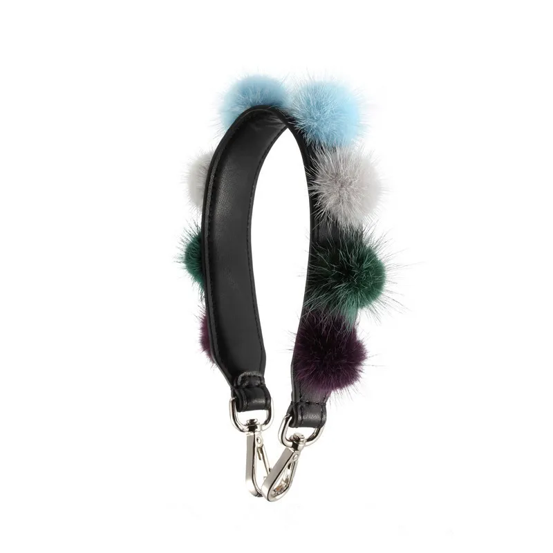 New Real fur design Winter Pom Pom Charm Bag Strap Women Bag Accessories Arrival Strap You Split Leather Handbag Straps Short