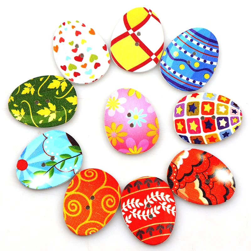 Fashion Egg Craft 50PCS 24*31MM Mixed BeautifulWooden Buttons Easter Eggs Painting 2 Hole Fit Sewing DIY Scrapbooking Craft