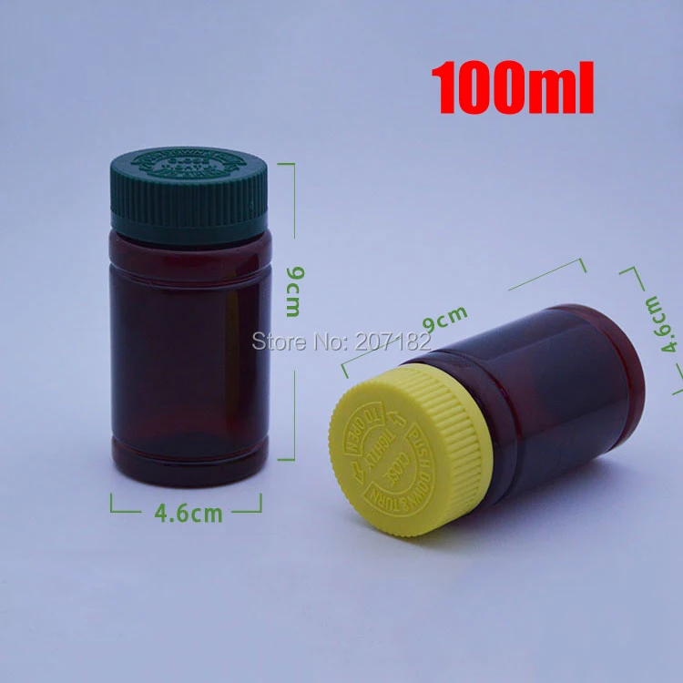 100pcs 100ml Amber PET Child-proof Bottles,Capsules/Pills/Powder/Vitamin Plastic Bottles with Green/Yellow Colors Screwing Lids