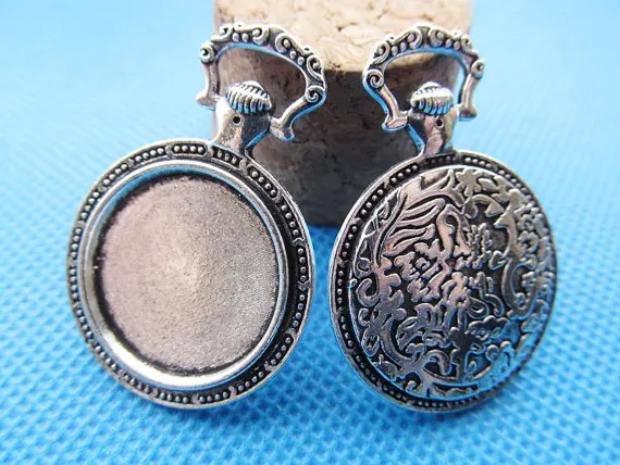 50pcs 6 Colors Antique Silver/Bronze Vintage Pocket Watch Base Setting Pendant Charm/Finding,20mm Cabochon/Cameo Tray Bezel