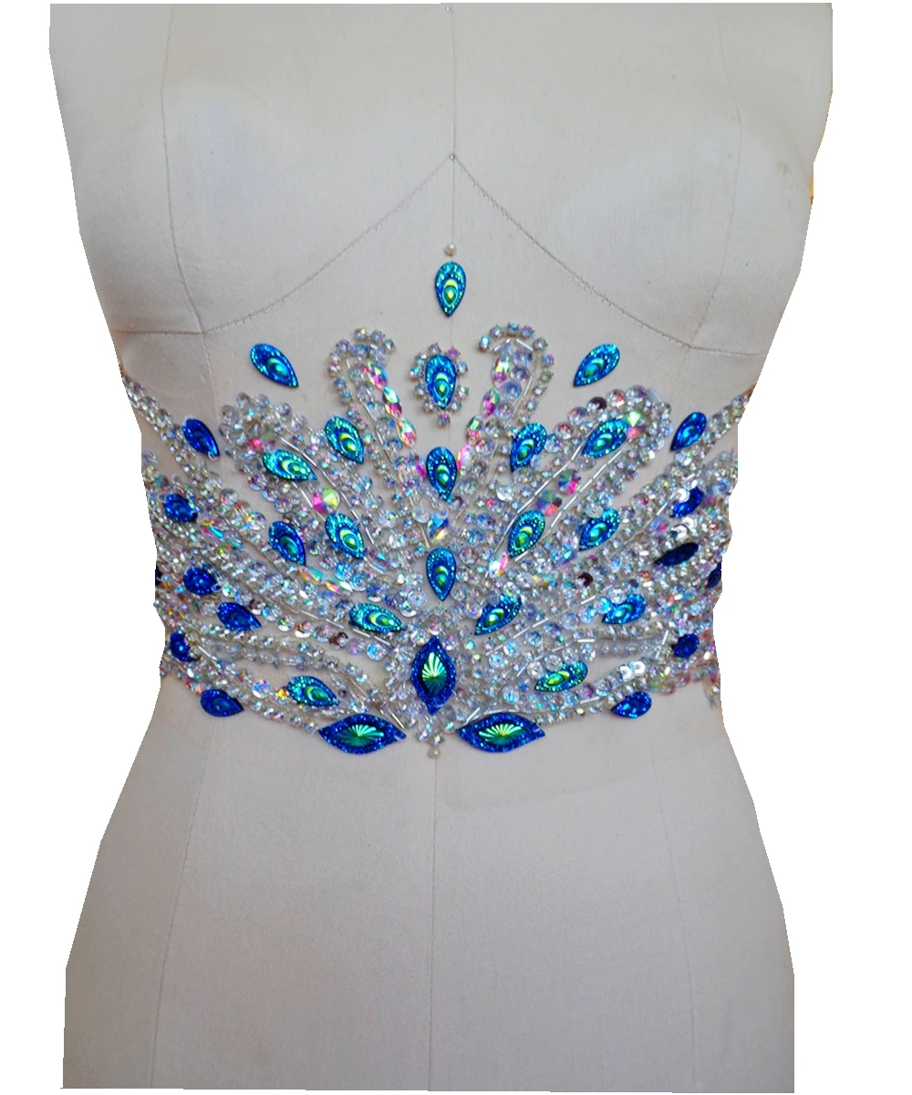 

A121 чистый ручной работы прозрачный AB Цвет/павлин синий пришить стразы аппликация, кристаллы, нашивки 32*17 см аксессуар для платья