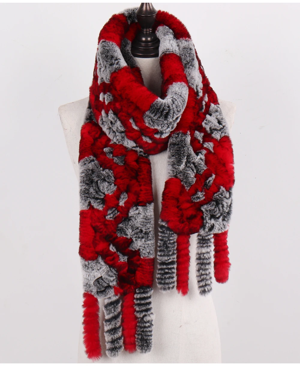 Neue Damen-Schals aus 100% natürlichem Rex-Kaninchenfell, langer Stil, gestrickte Rex-Kaninchenfell-Quastenschals, warme Echtfell-Schals für den Winter. – Detail 26