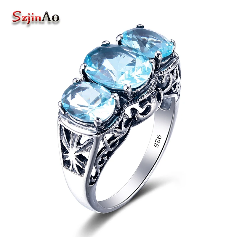 Szjinao Bohemian Big Shape Vintage Party Finger Ring Moonlight Blue Aquamarine 925 Sterling Silver Jewelry Rings Wholesale