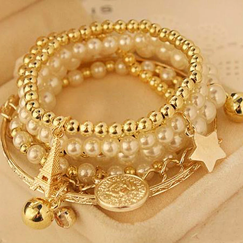 Multilayer Pearl Bracelets For Women Simulated Pearl Jewelry Charm The Eiffel Tower Star Commemorative coins Pendant Bracelets