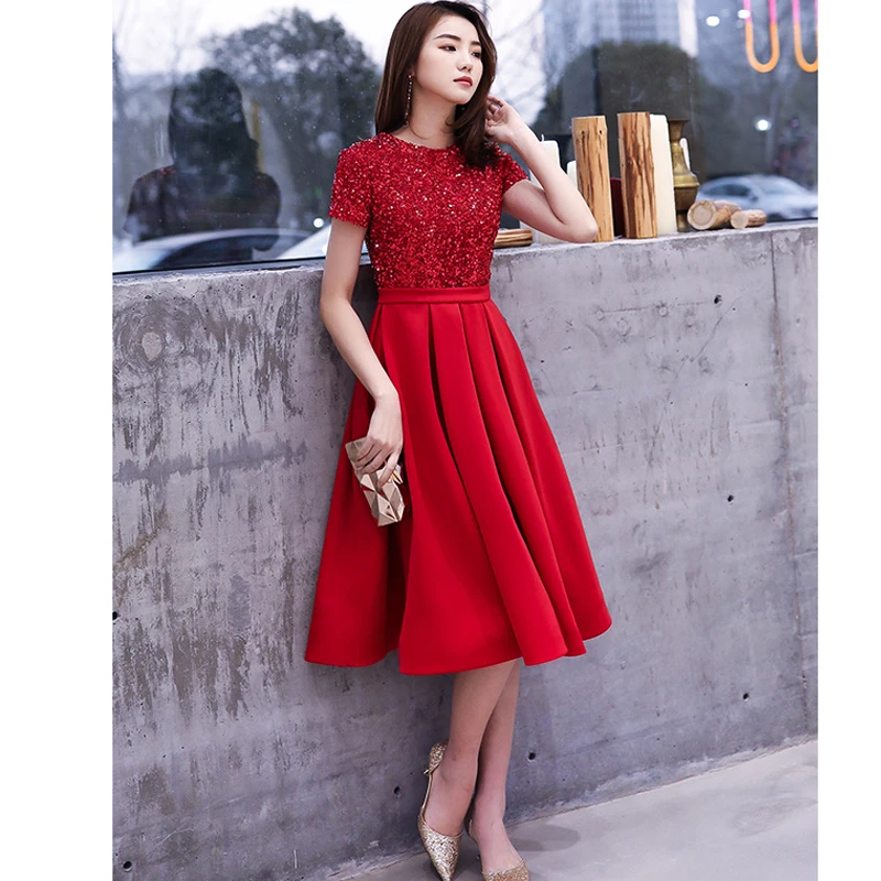 it\'s YiiYa Prom Dress Red Sequins Kneel-Length Dresses Short Sleeves Zip Women Party Night Vestidos de Gala Plus Size 2019 E455