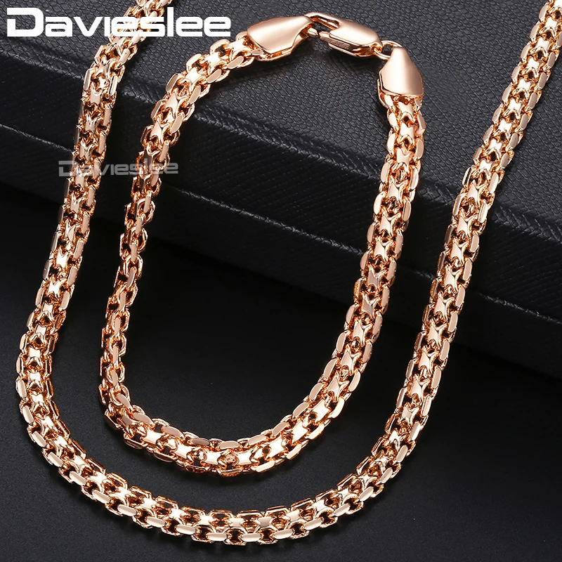 

Davieslee Jewelry Set For Women 585 Rose Gold Color Bracelet Neckalce Set Bismark Link Chain Dropshipping Jewelry Gift 5mm GS275